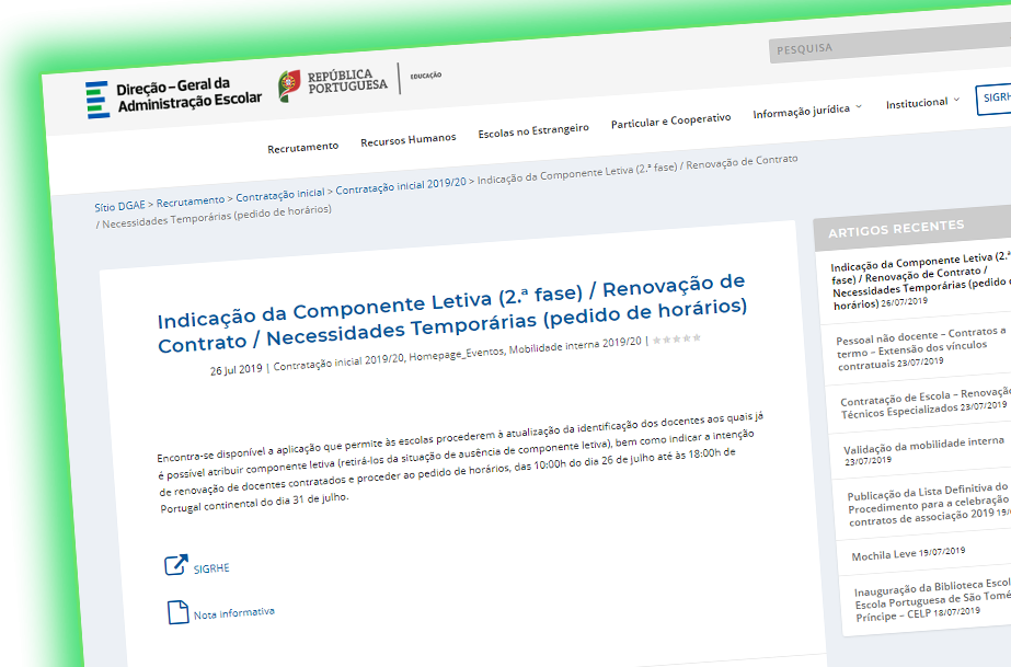 Indicação da Componente Letiva (2.ª fase) 